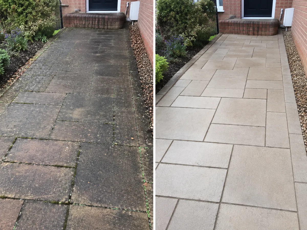 Bristol driveway pressure washing transformation — moss and algae removed, original colour restored