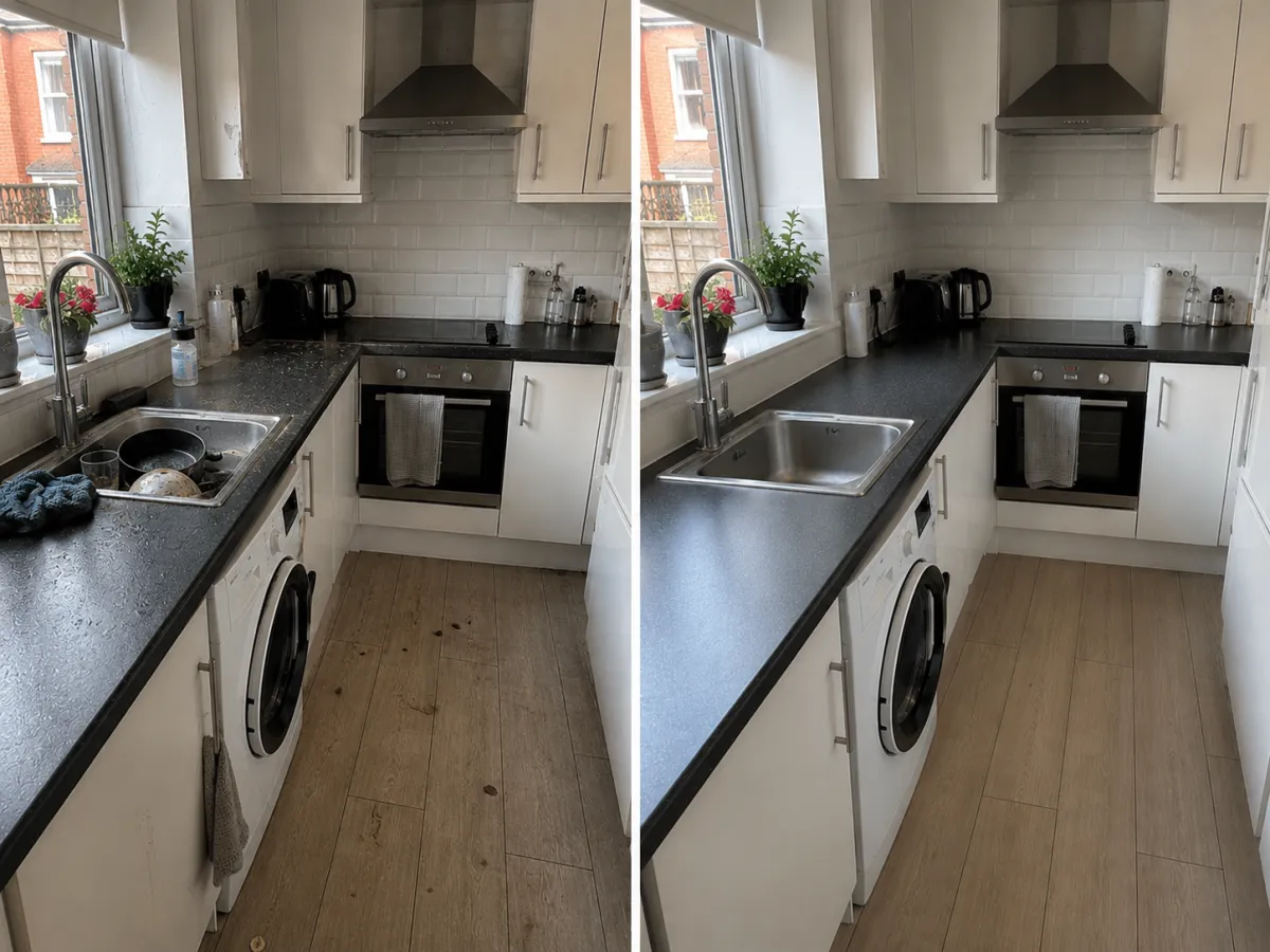 Kitchen before and after a Deposit Saver end of tenancy clean in Cotham